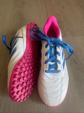 adidas Kids White Soccer Sneakers with Pink Accents and Blue Laces